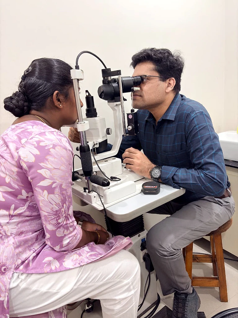 An eye examination using a slit lamp