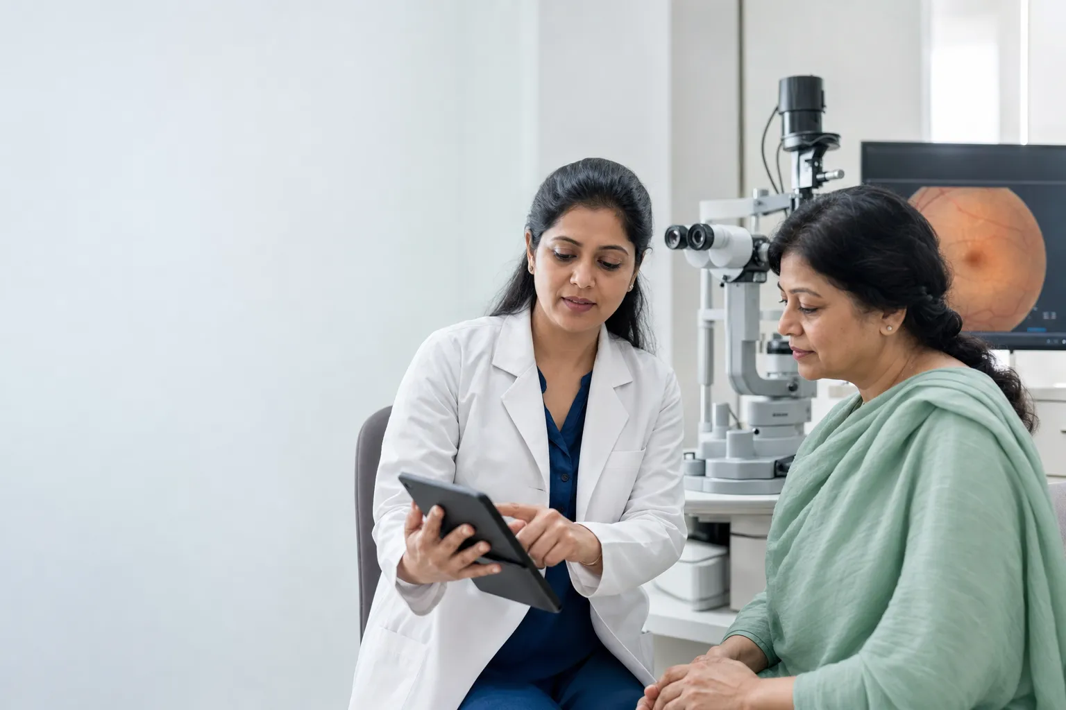 Ophthalmologist discussing eye care with a patient