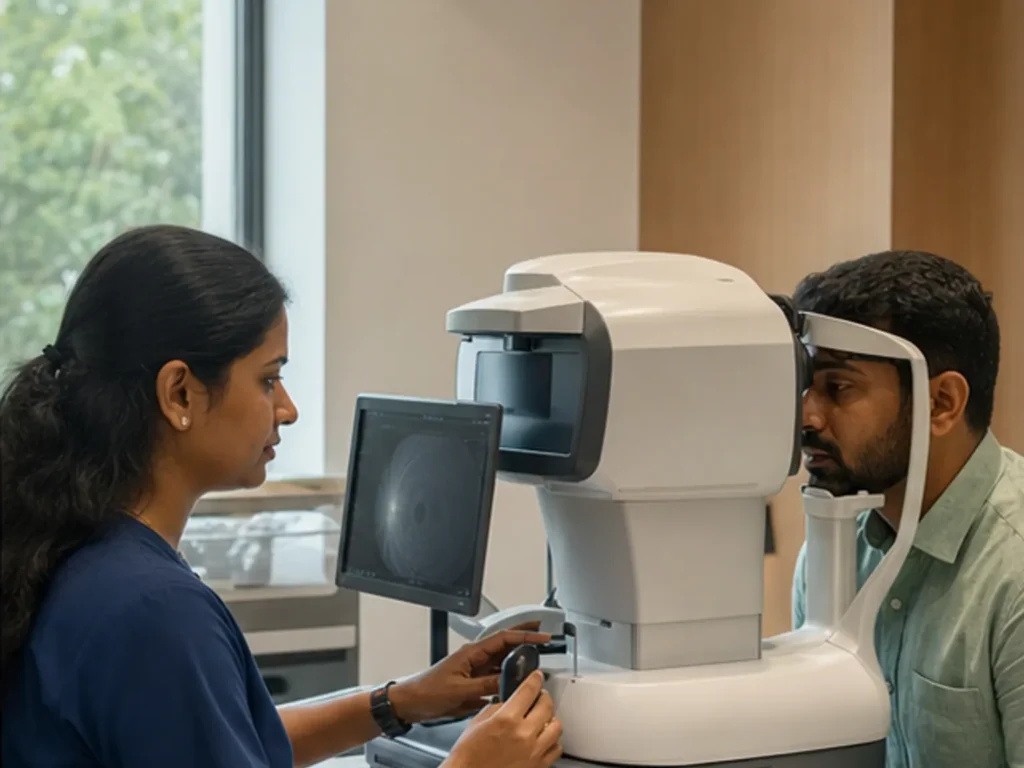 A clinician guiding retinal imaging