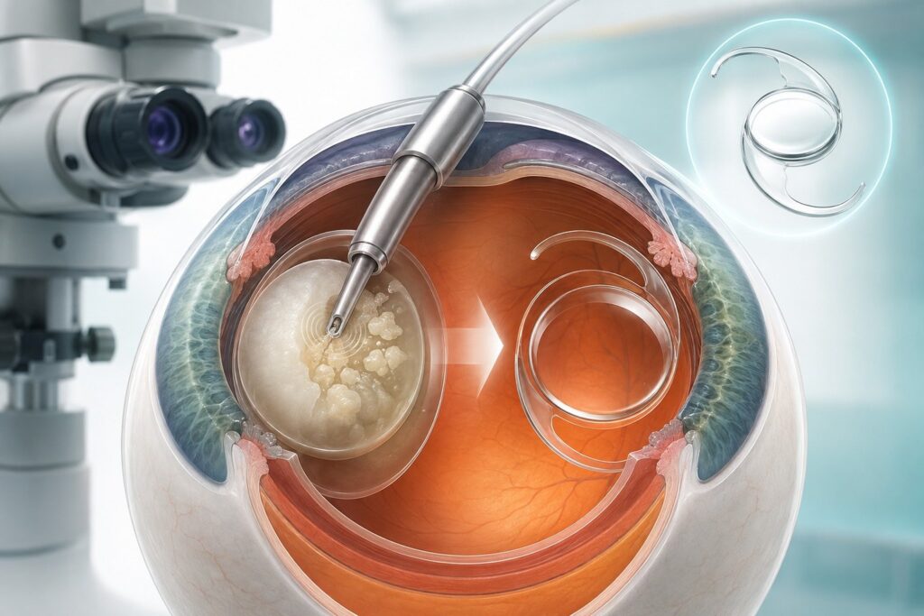 Illustration of cataract surgery and intraocular lens placement