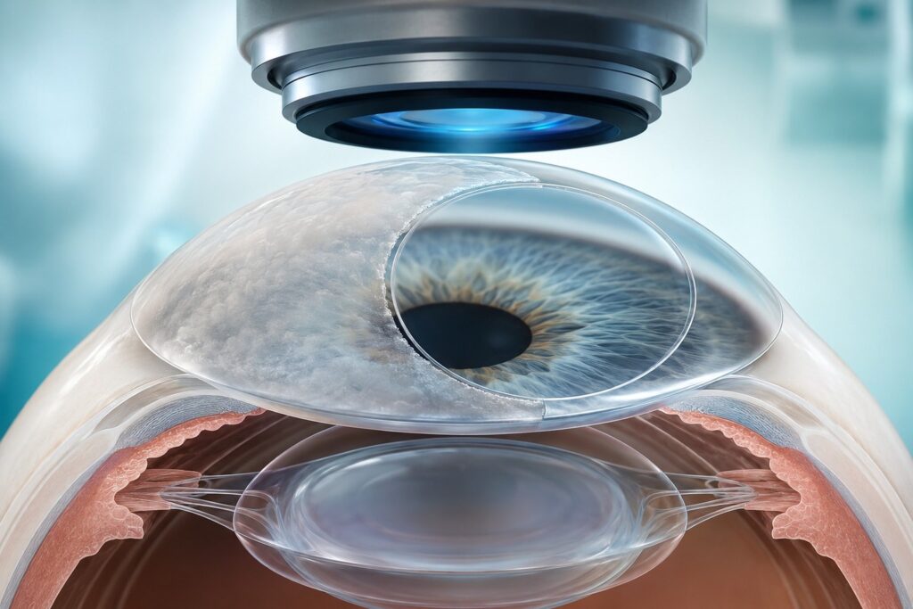 Illustration of corneal assessment and treatment
