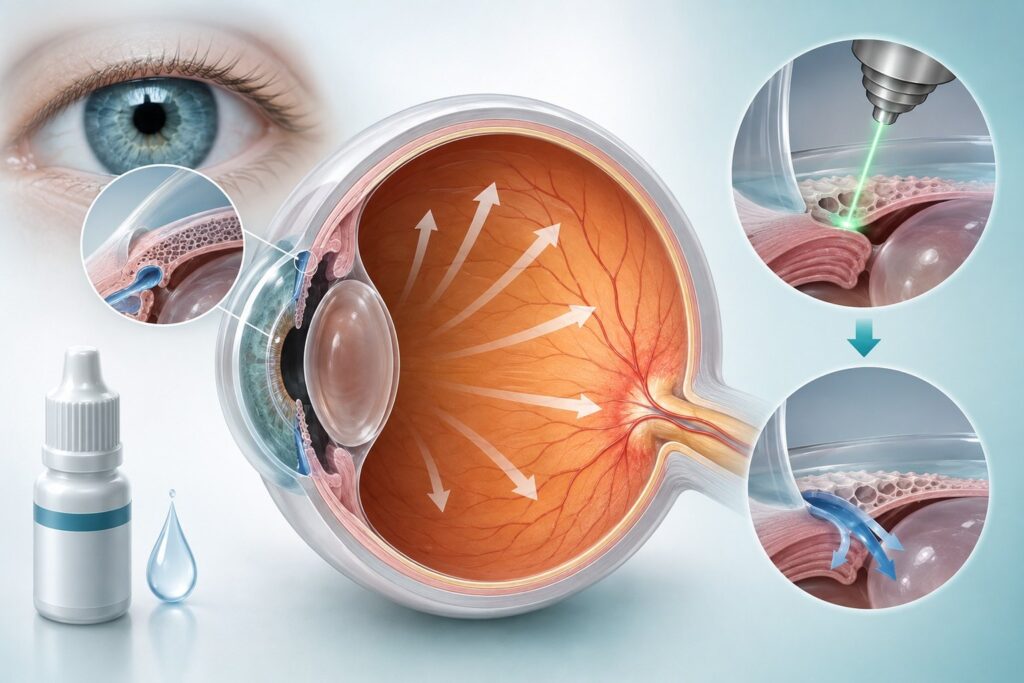 Illustration of glaucoma assessment and eye-pressure treatment