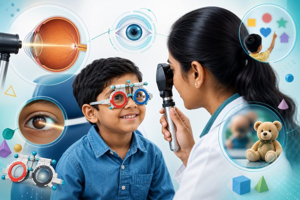 Child having an eye examination with a clinician
