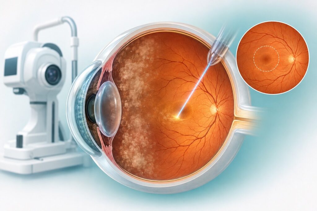 Illustration of retinal examination and treatment