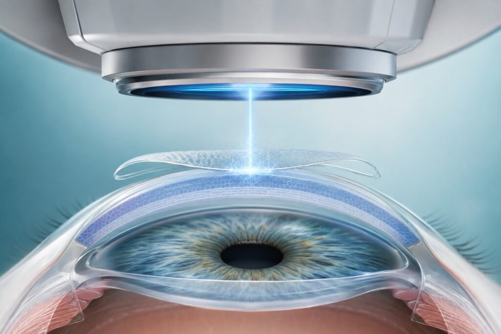 Illustration of surface laser vision correction on the cornea