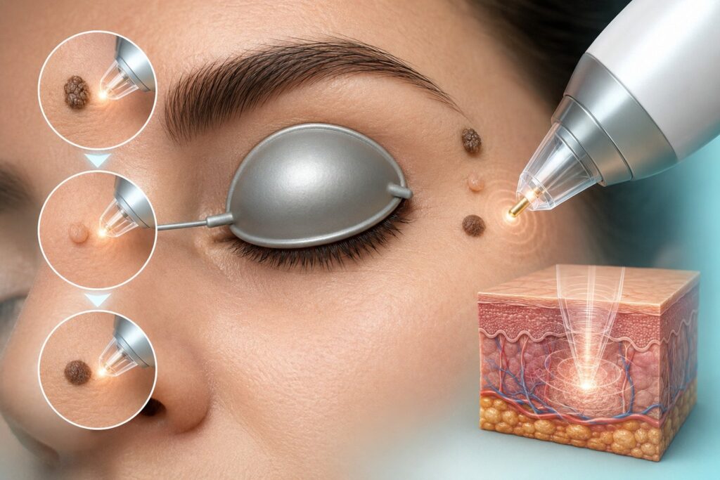 Illustration of laser treatment for skin lesions near the eye